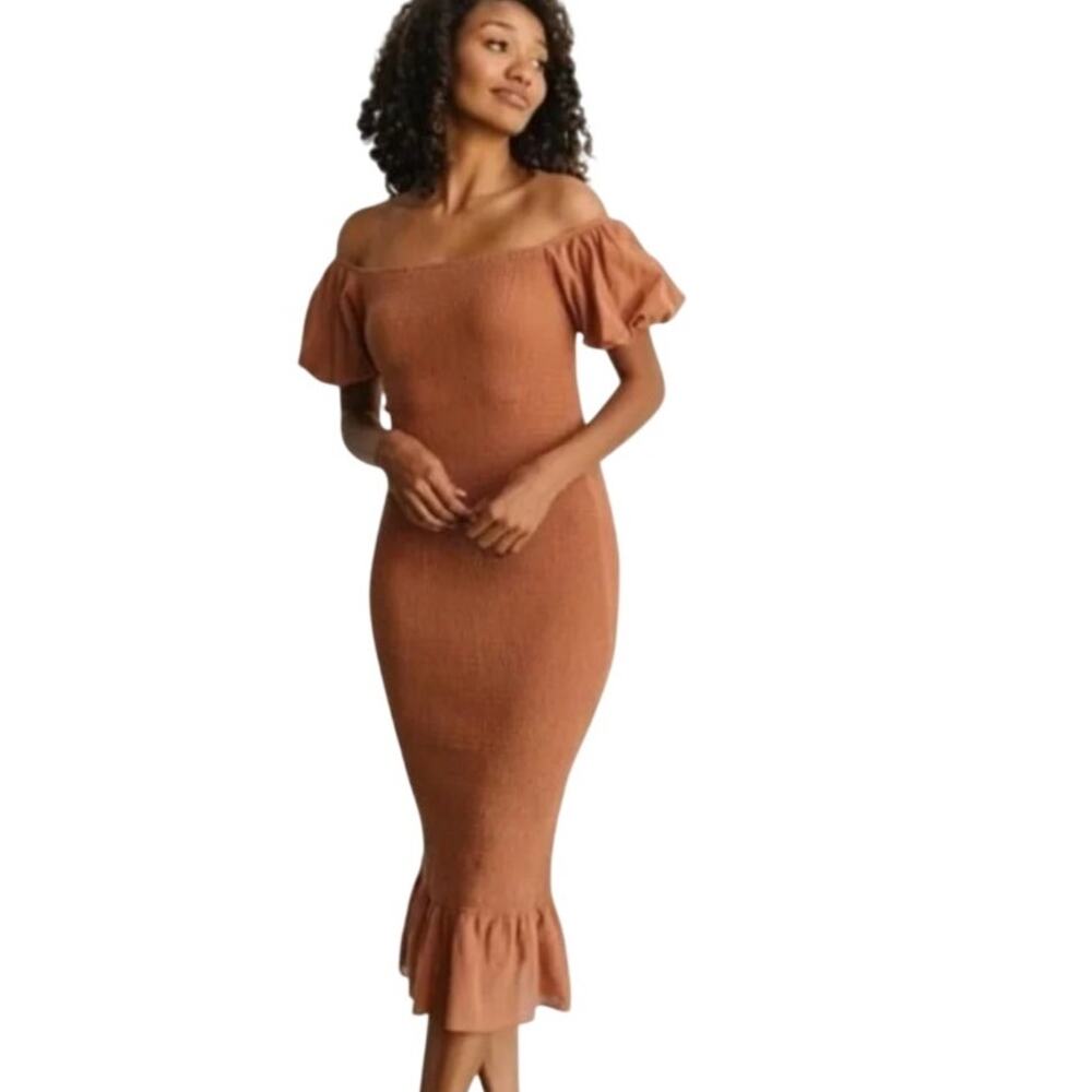 Baltic Born NEW Alana Dress Womens XL Mocha Brown Smocked Peplum Off Shoulder